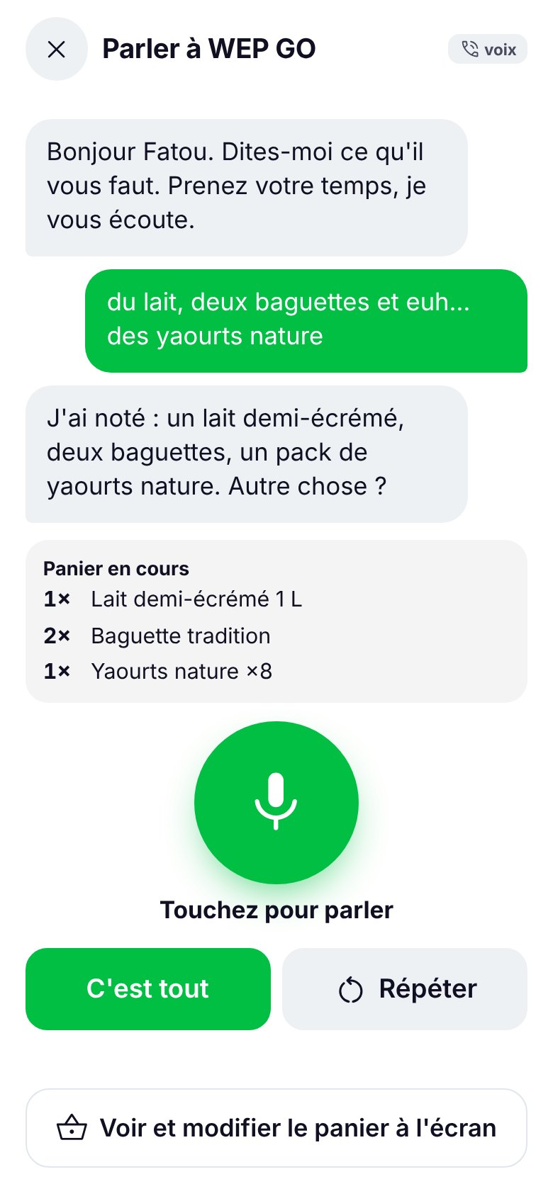 Conversation vocale : la cliente dicte sa liste, l'assistant la relit